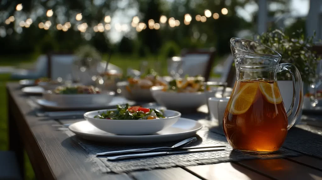 string lights over an outdoor table