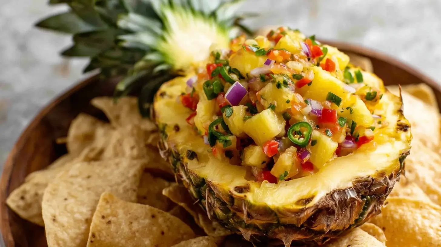 pineapple salsa in a carved out pineapple half