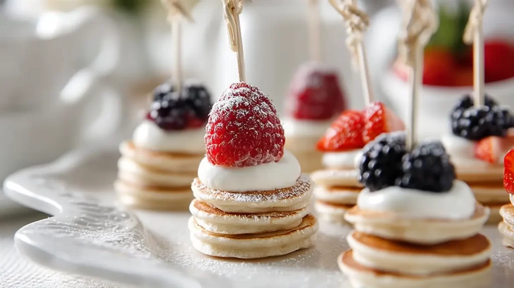 pancakes skewered with a dusting of powdered sugar and fruit