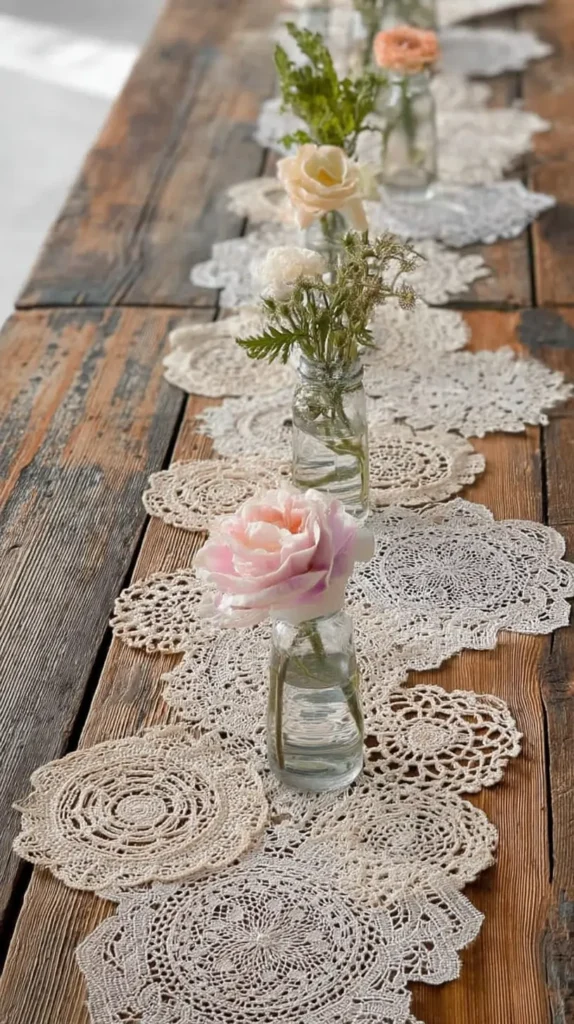 lace table runner with small flowers in vases down the center