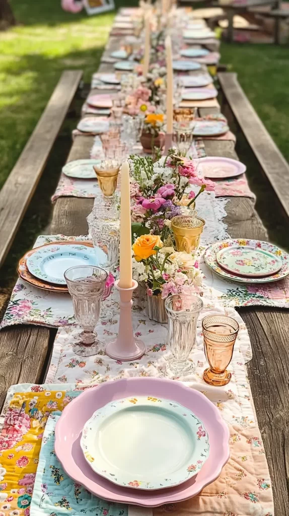 ourdoor table with cloth placemats and mismatched floral plates