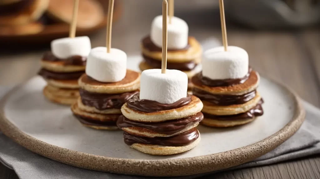 pancake skewers with marshmallow and chocolate