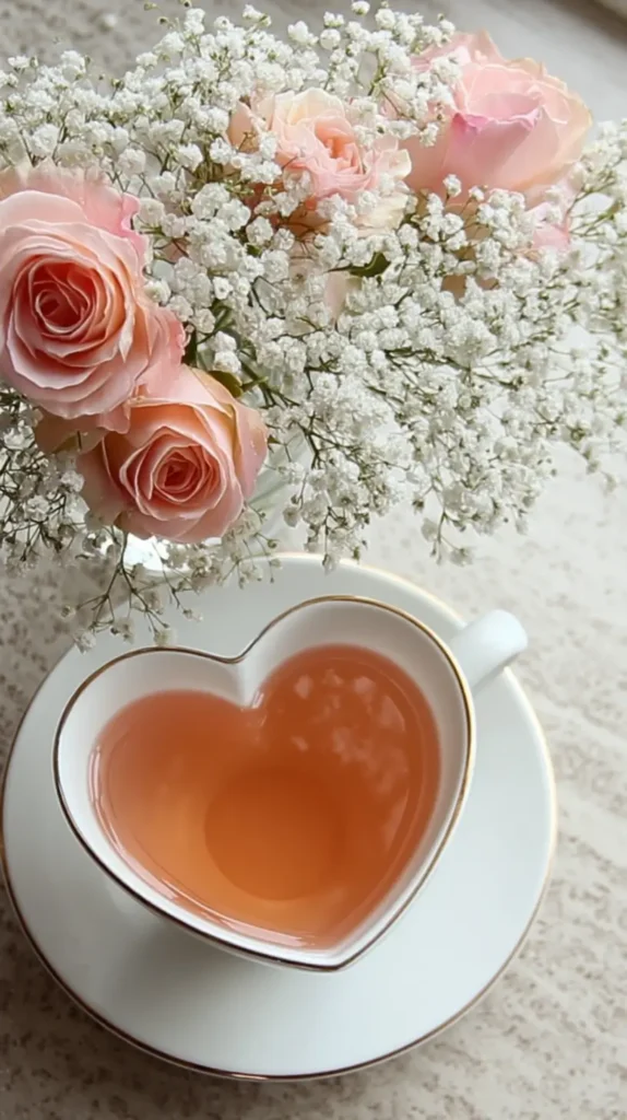 heart-shaped tea cup next to roses and baby's breath, tea party bridal shower ideas