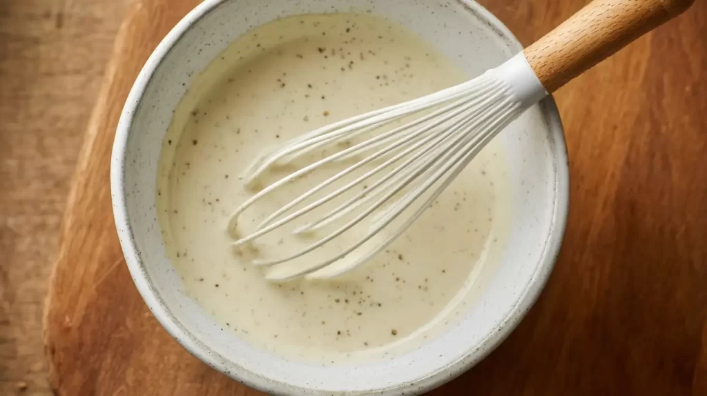 caesar dressing in a bowl with a whisk