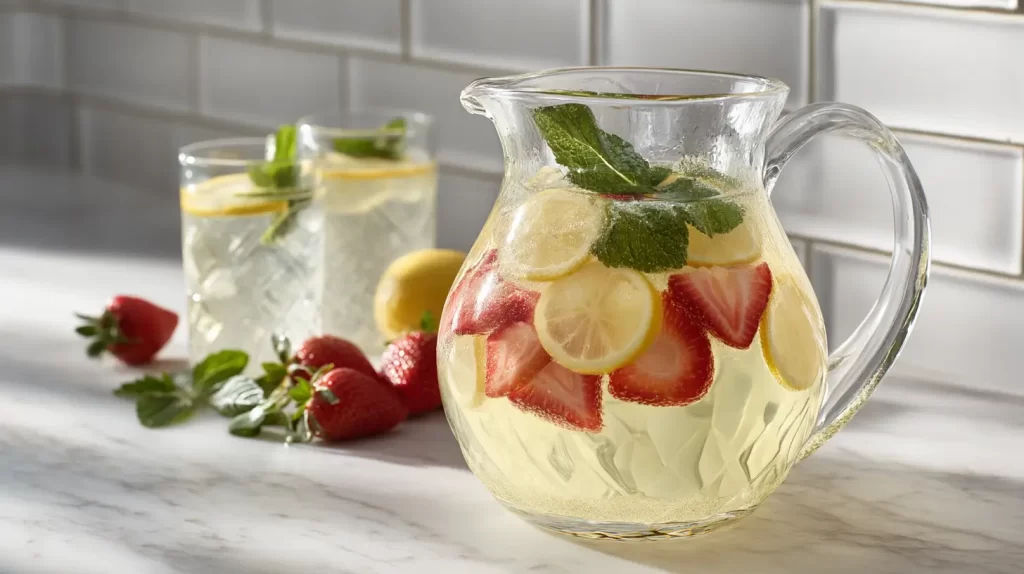 pitcher of lemonade with strawberries