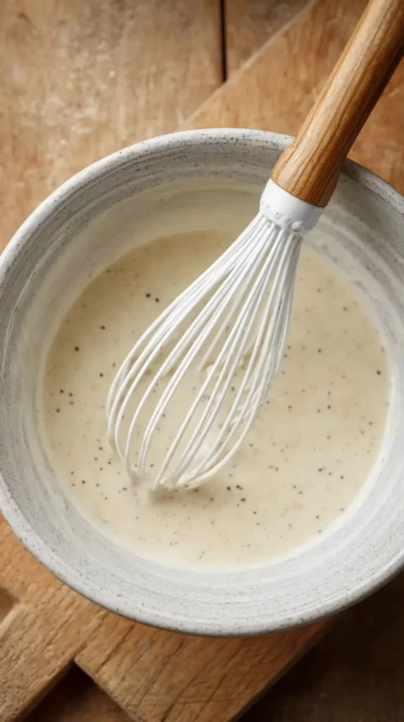 Caesar dressing whisked in a bowl