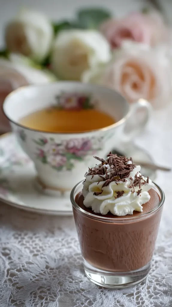 no bake chocolate dessert with a cup of tea