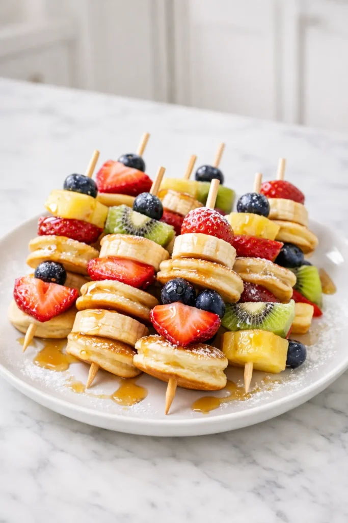 A highly detailed photorealistic hero image of finished pancake skewers on a round white plate, featuring fluffy round mini pancakes stacked on short wooden skewers with thick strawberry slices, banana coins, blueberries, kiwi half circles, and small pineapple triangles, golden brown pancake edges, soft airy centers, glossy fresh fruit, light dusting of powdered sugar, small drizzle of maple syrup, bright natural kitchen light, set on a white marble counter in a clean kitchen, soft blurred white cabinetry in the background, fresh, cheerful, brunch-ready, crisp texture, realistic food styling, overhead and slightly angled composition, clean white and golden color palette, vibrant fruit colors, sharp focus on the plate, no people, no utensils, no text