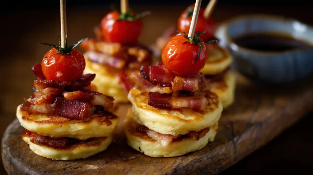 savory pancake, bacon and tomato skewers