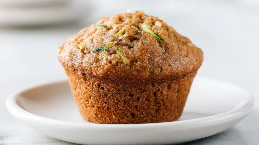 zucchini muffin on a simple white plate, close-up food photography, soft natural window light, bright white kitchen background, white marble countertop, realistic homemade zucchini muffin, golden brown domed top, slightly textured but not rough, subtle thin green zucchini shreds, small chopped walnut pieces, pineapple not visibly chunky