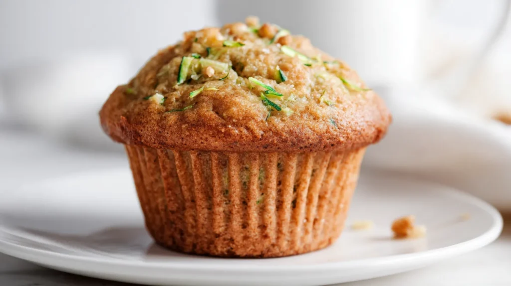 zucchini muffin on a simple white plate, close-up food photography, soft natural window light, bright white kitchen background, white marble countertop, golden brown muffin with a lightly domed top, realistic homemade texture, visible chopped walnut pieces, subtle green zucchini shreds, tiny crushed pineapple flecks softly baked into the crumb, moist tender interior