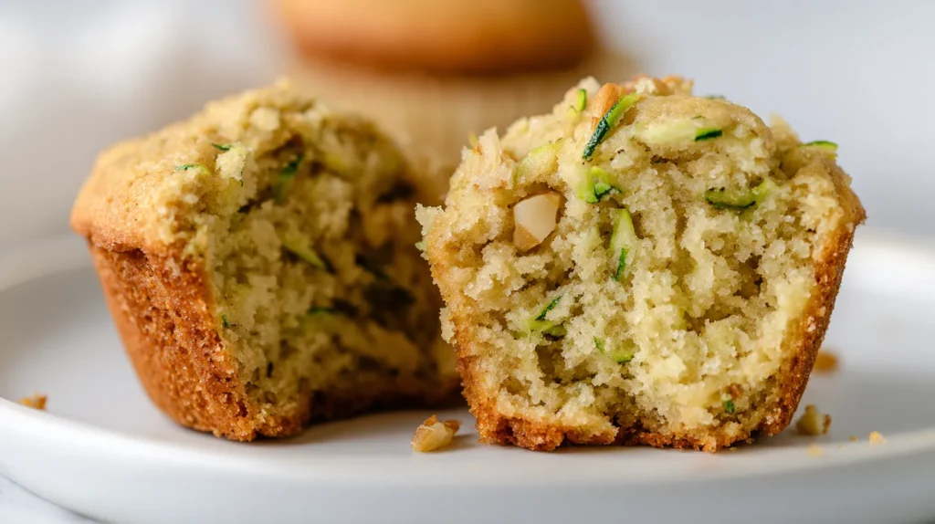zucchini muffin cut open on a white plate, close-up food photography, soft natural window light, bright white kitchen background, white marble countertop, realistic homemade zucchini muffin, golden brown exterior, moist tender interior, subtle thin green zucchini shreds, small chopped walnut pieces, crushed pineapple fully baked into the crumb and barely visible, soft cohesive texture, not gummy, not chunky, no frosting, no glaze, no streusel