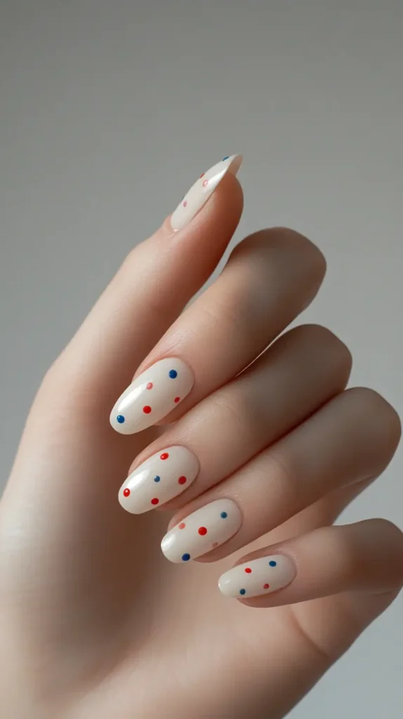 red and blue small polka dots on a manicure