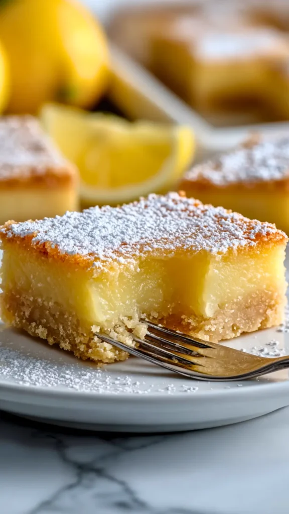 lemon bars, one piece missing with a fork nearby the lemon bar, on a white plate