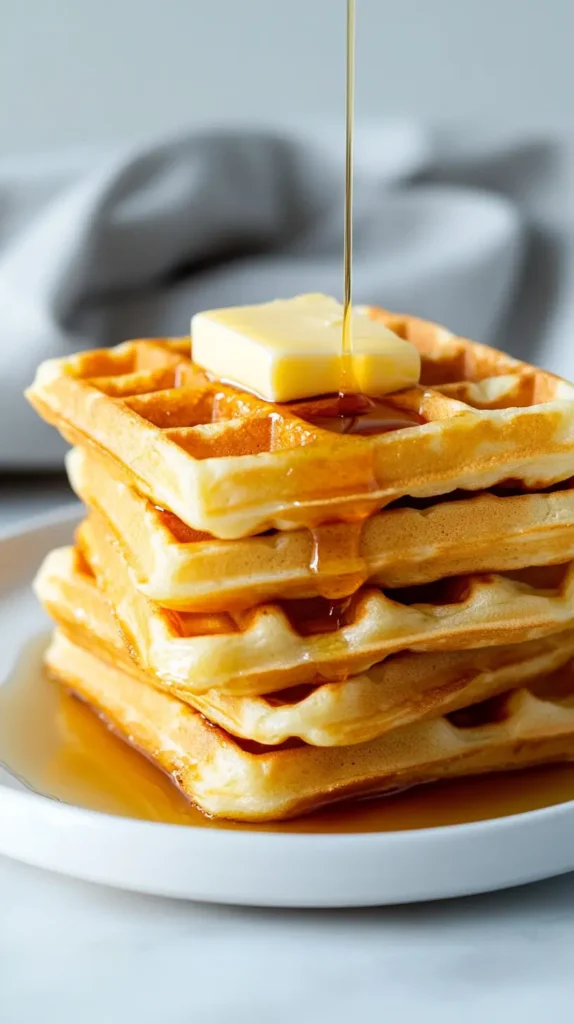 waffles stacked with syrup and butter pat