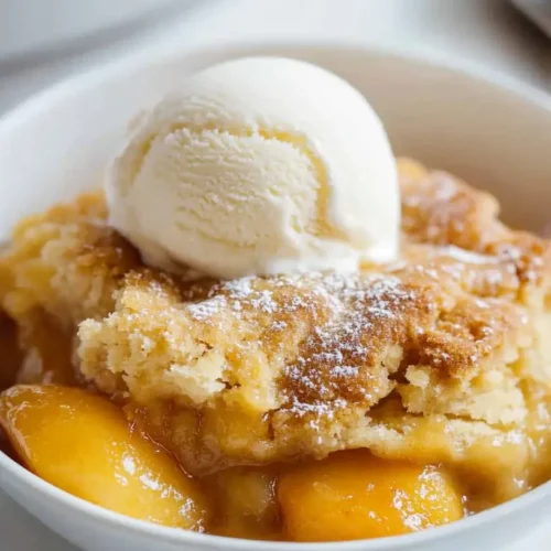 peach cobbler with scoop of ice cream