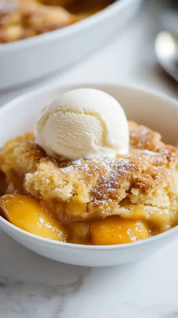 peach cobbler with scoop of ice cream