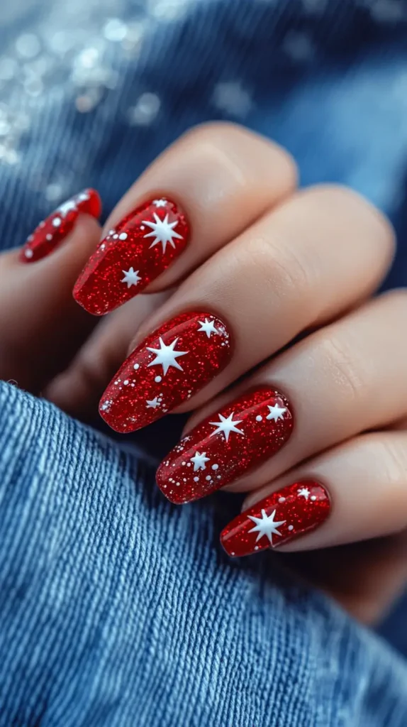 Fourth of July nails, red with stars