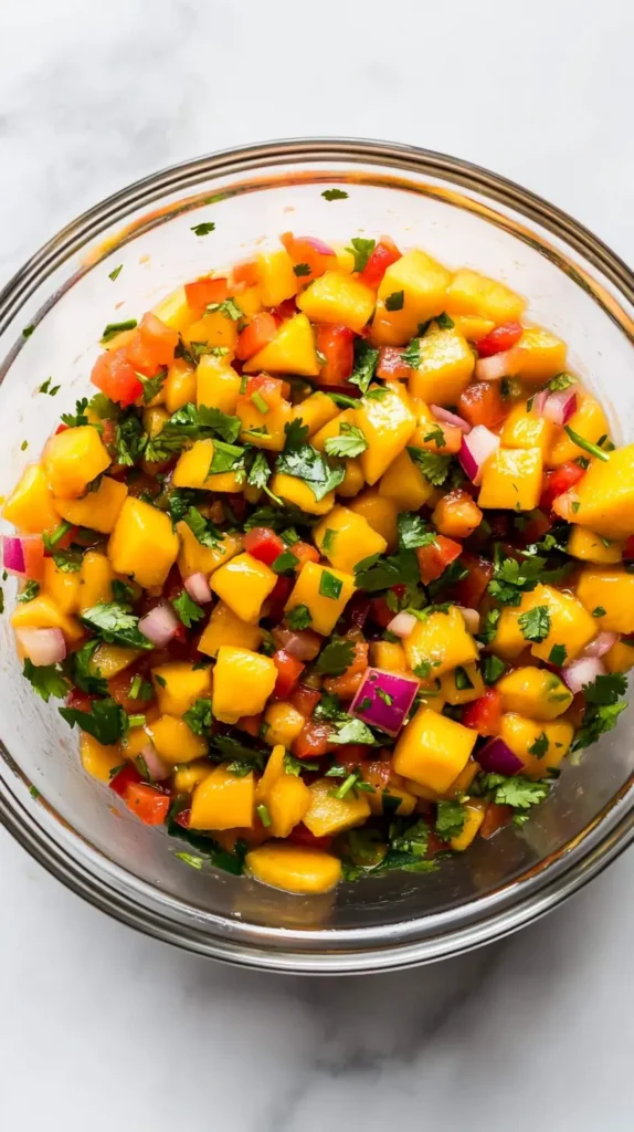 mango salsa in a glass dish