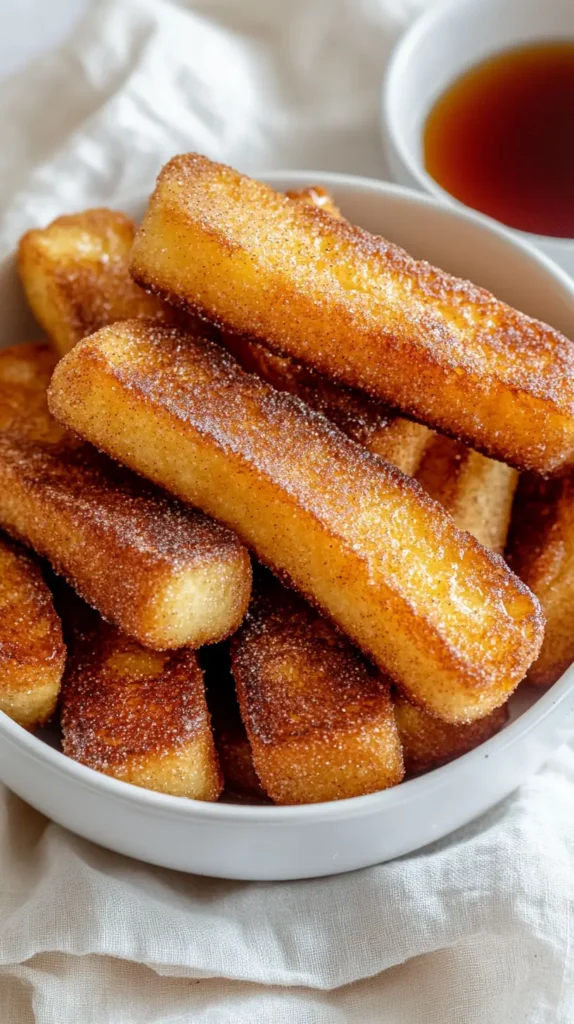 french toast sticks in a bowl with syrup on the side