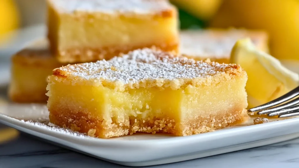one lemon bar has a bite taken out, a fork nearby, another lemon bar in the back