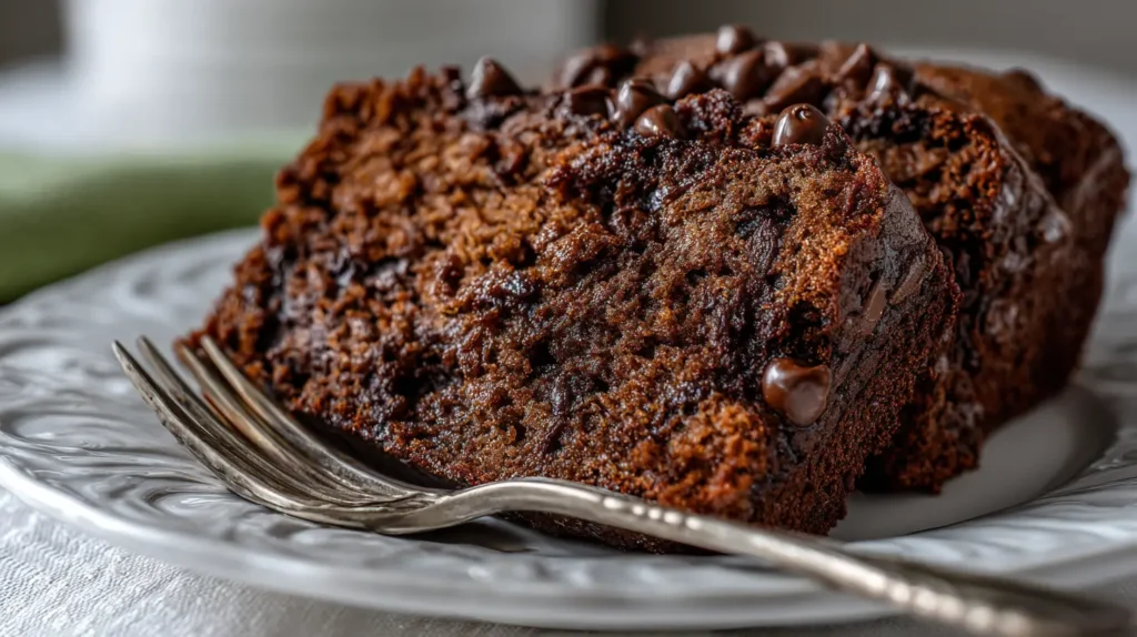 chocolate zucchini bread on a plate with a fork