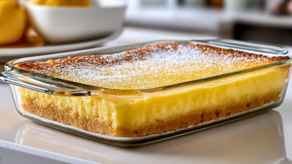 lemon bars in a clear glass baking dish