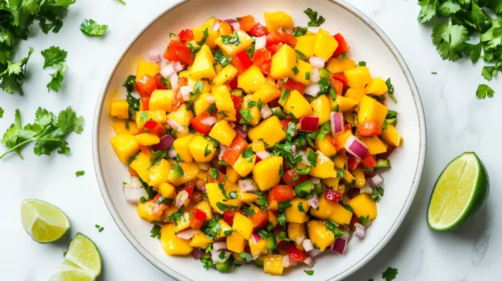 overhead view of a plate of mango salsa
