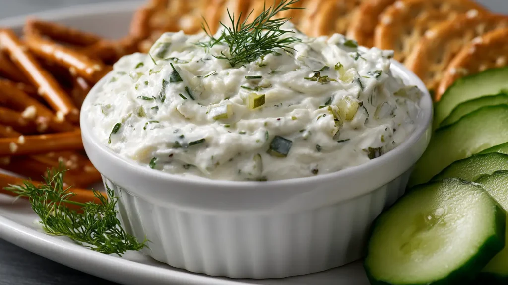 dill pickle dip in ramekin