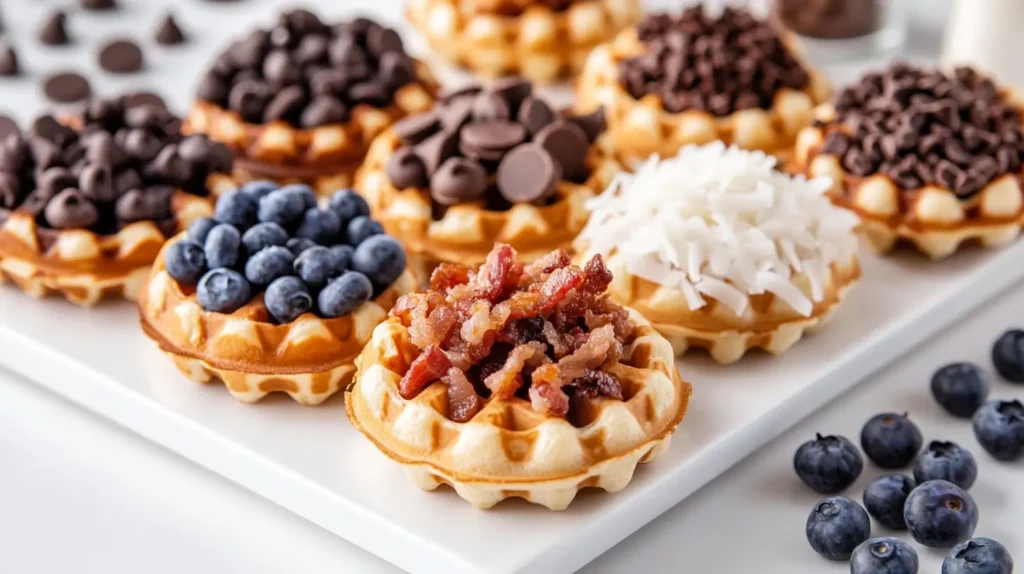 mini waffles topped with various toppings