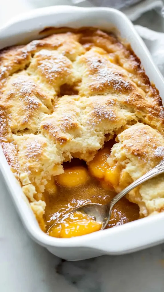 white baking dish of peach cobbler