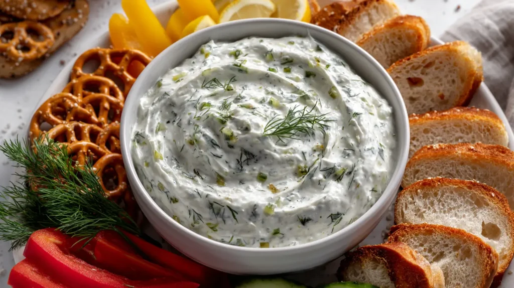 dill pickle dip with crackers and dippers