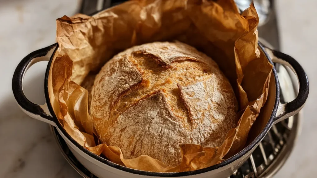 bread in a dutch oven with parchment paper