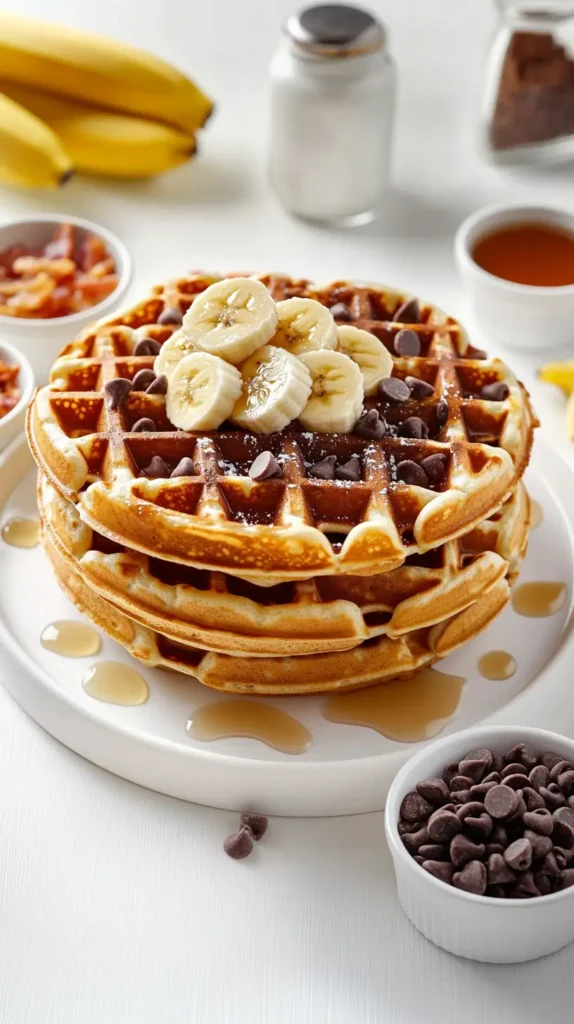 waffles topped with bananas and chocolate chips