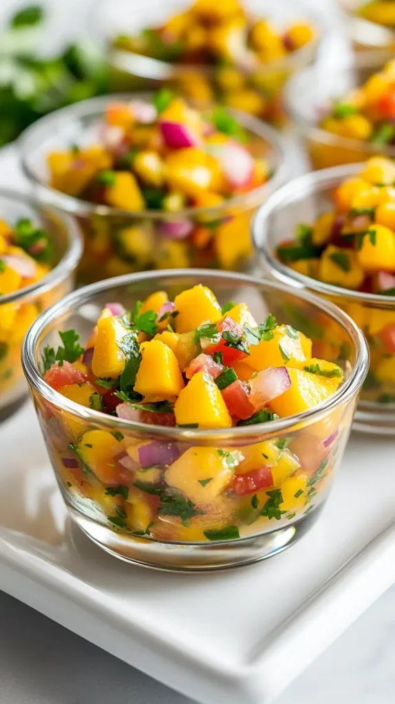 Hyper-realistic photo of multiple small glass bowls arranged on a white platter, each containing mango salsa made with diced mango, chopped red bell pepper, minced jalapeño, and finely diced red onion. Cilantro is finely chopped and mixed throughout. Each bowl is full but tidy. Bright, white lighting with a clean white background.