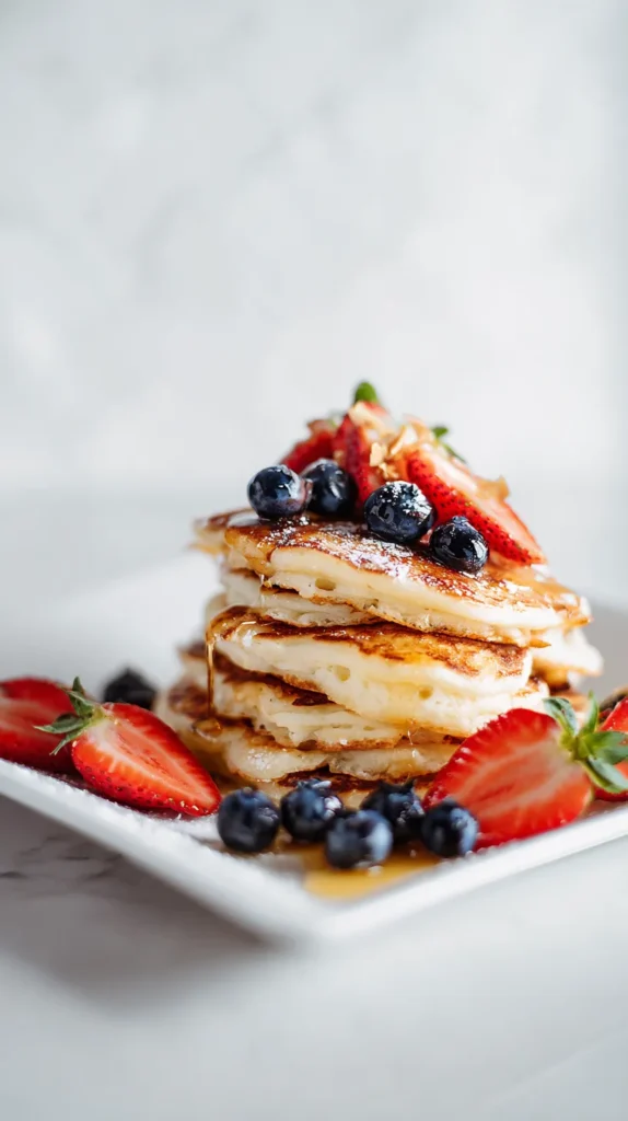 buttermilk pancakes topped with pralines, strawberries, blueberries, syrup