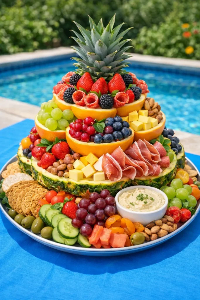 tower of food, poolside