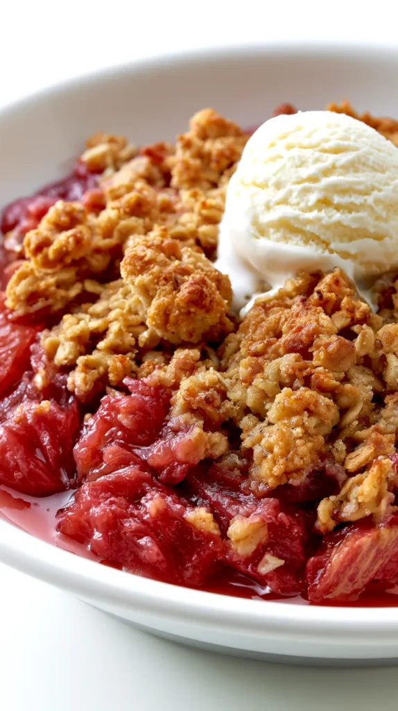 Hyper-realistic photo of a baked rhubarb crisp served in a shallow white bowl. The filling appears jammy and glossy, made up of soft, fully cooked rhubarb pieces that have broken down during baking. The fruit looks tender and blended, with a deep reddish-pink hue and no visible raw or intact rhubarb stalks. The oat topping is golden brown, crisp, and slightly clumpy with visible baked oats and buttery texture. A scoop of vanilla ice cream is placed on top, just beginning to melt into the warm filling. Lighting is bright and natural, with a clean white background to emphasize the dessert's texture and warmth.