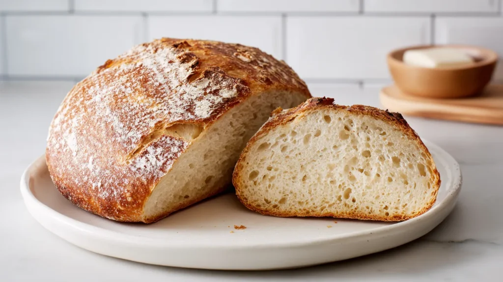hyper-realistic hero photo of a finished sourdough bread loaf on a large white ceramic plate, one rustic round loaf with a deep golden brown crust, light dusting of flour, crisp crackly exterior, and one or two thick slices cut to show a soft airy interior with uneven holes, chewy crumb, warm cream-colored center, subtle tang from natural fermentation, loaf about 8 to 9 inches wide, set on a clean white marble kitchen counter, bright white kitchen background, crisp bright natural lighting, clean food photography, minimal styling, elegant but homemade look