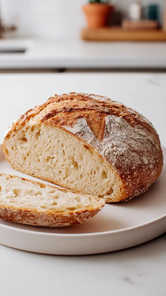 hyper-realistic hero photo of a finished sourdough bread loaf on a large white ceramic plate, one rustic round loaf with a deep golden brown crust, light dusting of flour, crisp crackly exterior, and one or two thick slices cut to show a soft airy interior with uneven holes, chewy crumb, warm cream-colored center, subtle tang from natural fermentation, loaf about 8 to 9 inches wide, set on a clean white marble kitchen counter, bright white kitchen background, crisp bright natural lighting, clean food photography, minimal styling, elegant but homemade look