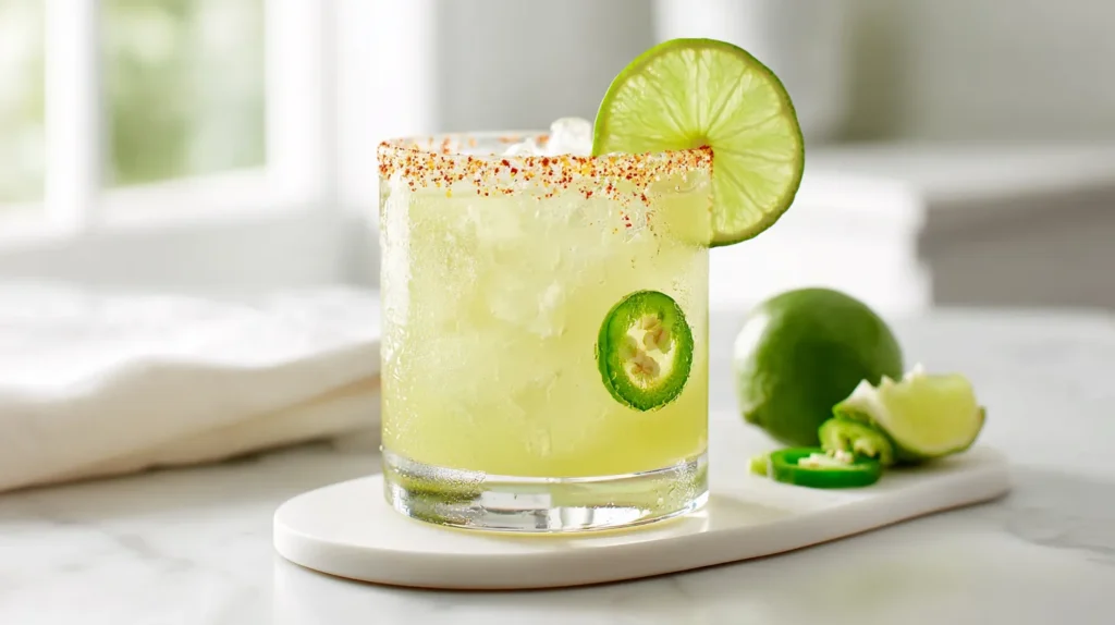hyper-realistic photo of a finished spicy margarita in a short clear rocks glass filled with medium ice cubes, pale yellow green drink with a slightly cloudy fresh lime texture, coarse chili salt and Tajín rim, one thin bright green jalapeño slice floating on top, a fresh lime wheel on the rim, visible condensation on the glass, set on a small white plate on a white marble kitchen counter, with a few lime wedges and thin jalapeño rounds nearby, bright white kitchen background, crisp natural window light, clean editorial food photography, sharp focus, realistic citrus pulp, glossy ice, fresh vibrant colors, no text, no people, no clutter