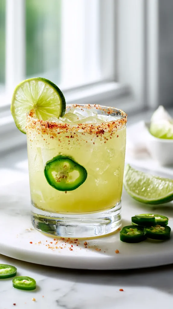 hyper-realistic photo of a finished spicy margarita in a short clear rocks glass filled with medium ice cubes, pale yellow green drink with a slightly cloudy fresh lime texture, coarse chili salt and Tajín rim, one thin bright green jalapeño slice floating on top, a fresh lime wheel on the rim, visible condensation on the glass, set on a small white plate on a white marble kitchen counter, with a few lime wedges and thin jalapeño rounds nearby, bright white kitchen background, crisp natural window light, clean editorial food photography, sharp focus, realistic citrus pulp, glossy ice, fresh vibrant colors