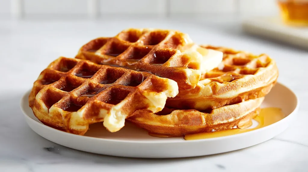 round waffles on a plate with butter and syrup