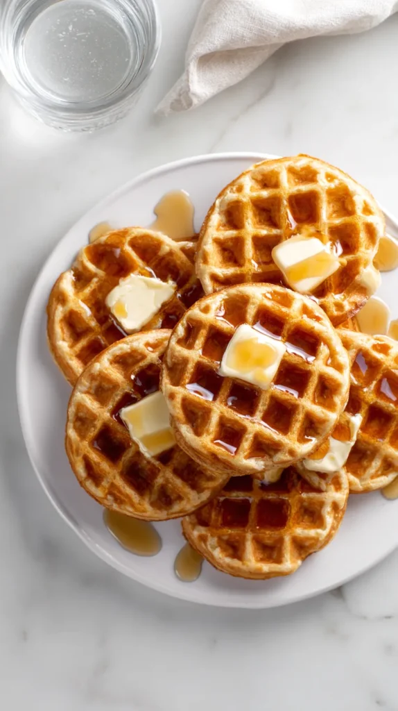 overhead view of several mini circular waffles with butter pats and syrup