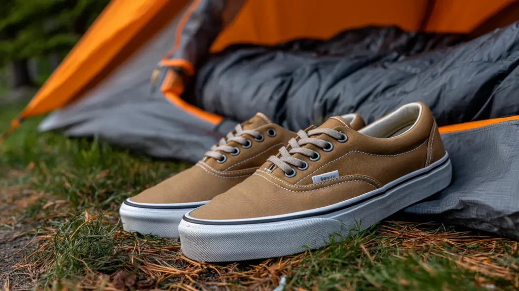 tent shoes, sneakers outside of a tent