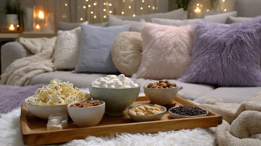 pastel fuzzy pillows and sleepover snacks