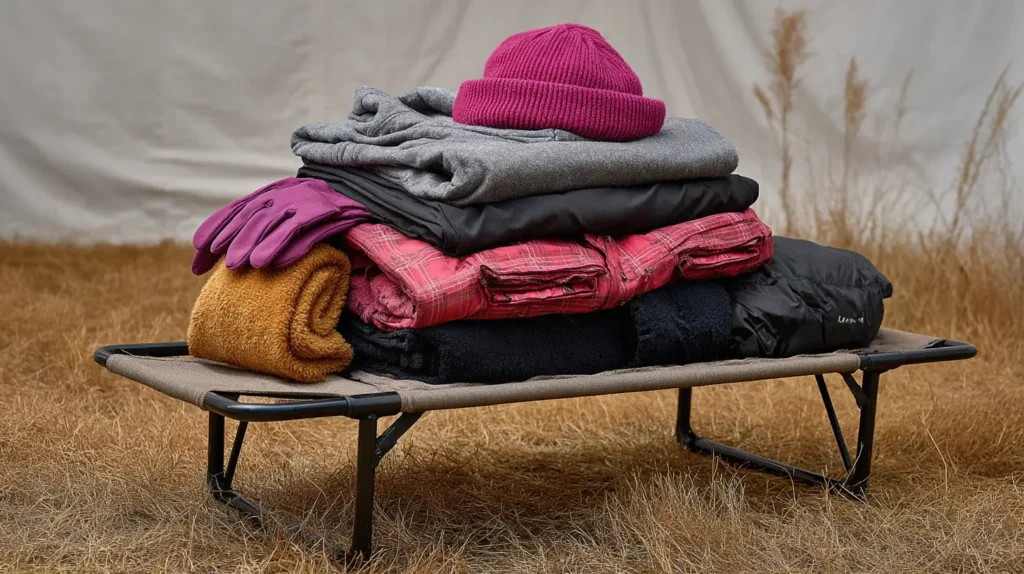 pile of clothing on a pop-up clothing cot