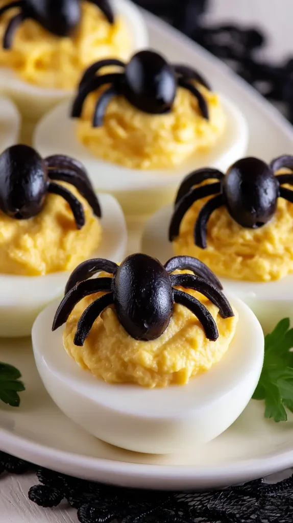 Halloween party food deviled eggs with olive spiders