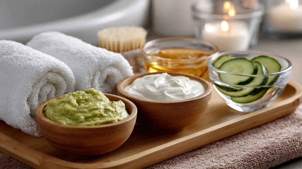 face mask and beauty items on a tray with white towels