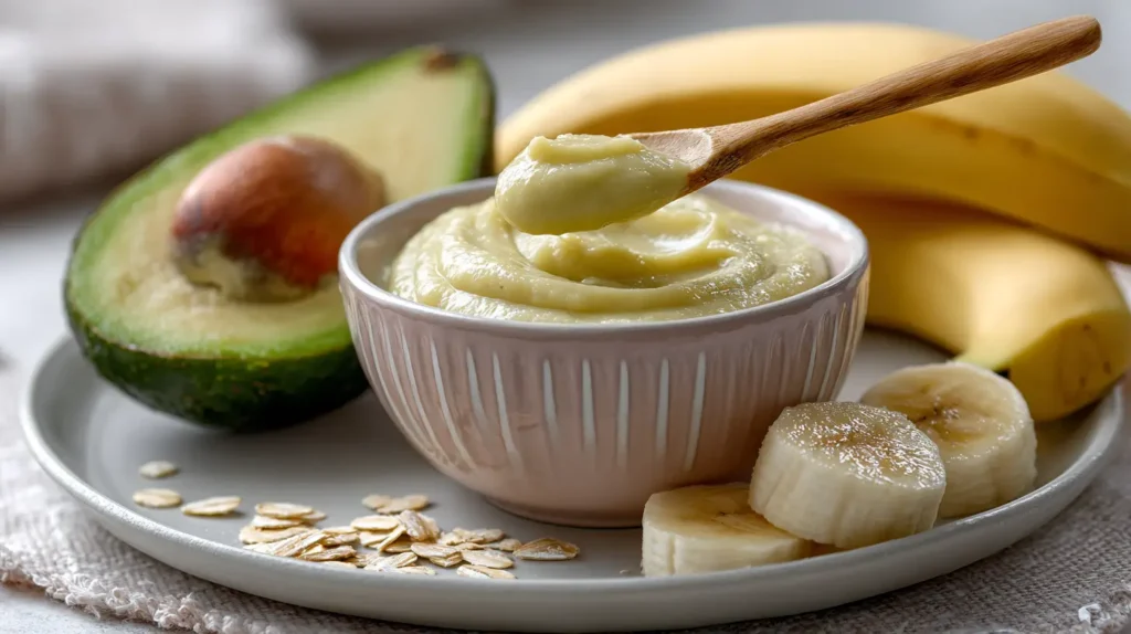 baby food in a bowl, banana and avocado
